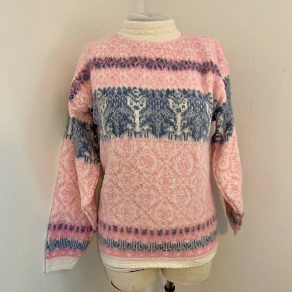 VTG 80s 90s Pastel Pink Spunky Crewneck Knit Sweater Turtleneck Cosby Snowflake - Picture 2 of 15